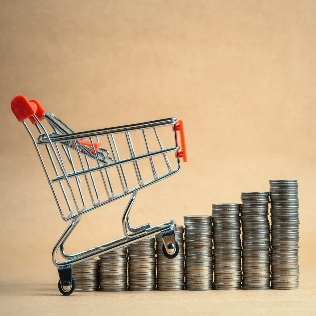 cliffedge marketing concept of a shopping cart ascending stacks of coins